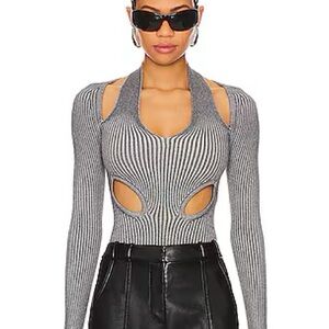 h:ours Gray Bodysuit with Ribbed Cut Out Design